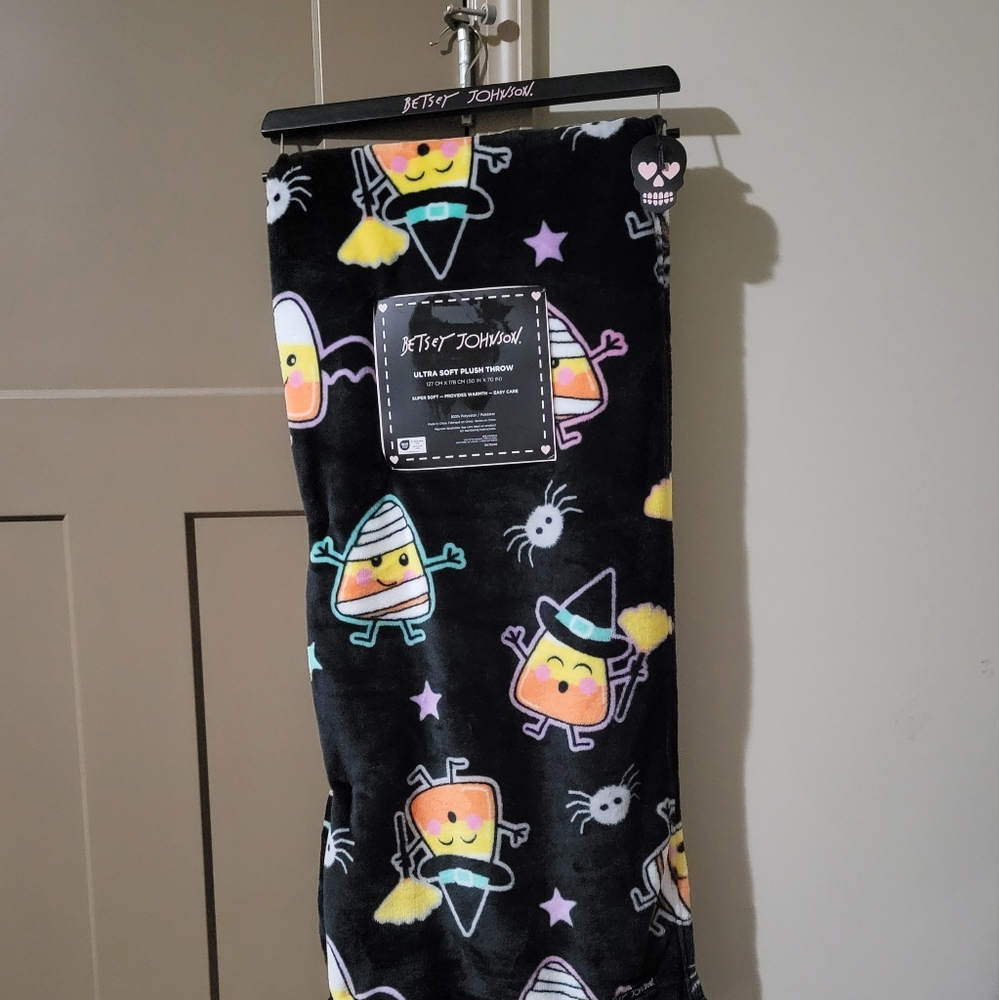 Betsey Johnson Black Soft Throw with Halloween Candy Corn Characters